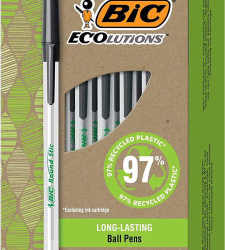 Ecolutions round Stic Ballpoint Pens, Medium Point (1.0Mm), 50-Count Pack, Black Ink Pens Made from 97% Recycled Plastic