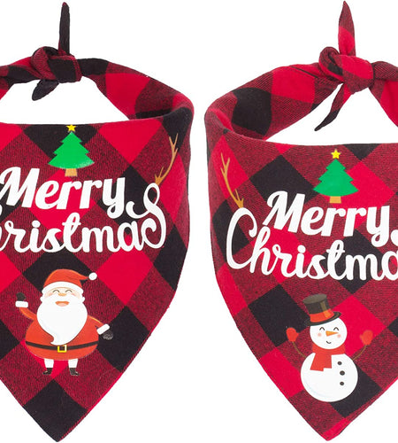 2 Pack Dog Bandana Christmas Classic Plaid Pet Scarf Triangle Bibs Kerchief Merry Christmas Santa Snowman Print Pet Bandana for Small Medium Large Dogs Cats Pets (Red & Red)