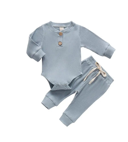 Infant Newborn Baby Girl Boy Spring Autumn Ribbed/Plaid Solid Clothes Sets Long Sleeve Bodysuits + Elastic Pants 2Pcs Outfits