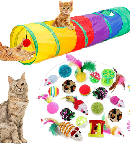 24Pcs Cat Toys Kitten Interactive Pet Toys Assortments, Foldable Rainbow S-Tunnel, Cat Feather Teaser, Wand Interactive Feather Toy, Fluffy Mouse, Crinkle Balls, Bell Play for Cat, Puppy, Kitty, Kitten