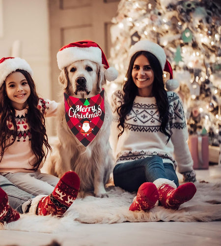 2 Pack Dog Bandana Christmas Classic Plaid Pet Scarf Triangle Bibs Kerchief Merry Christmas Santa Snowman Print Pet Bandana for Small Medium Large Dogs Cats Pets (Red & Red)