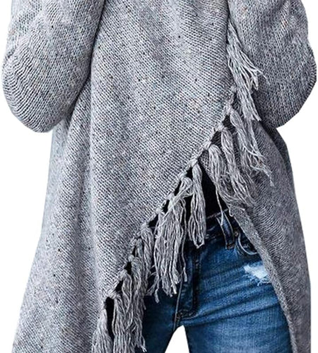 Women'S Open Front Knited Tassels Slash Loose Cardigan Crew Neck Speckled Fringe Sweater Outwear