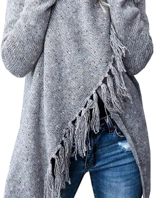 Load image into Gallery viewer, Women'S Open Front Knited Tassels Slash Loose Cardigan Crew Neck Speckled Fringe Sweater Outwear
