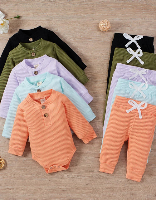 Load image into Gallery viewer, Infant Newborn Baby Girl Boy Spring Autumn Ribbed/Plaid Solid Clothes Sets Long Sleeve Bodysuits + Elastic Pants 2Pcs Outfits
